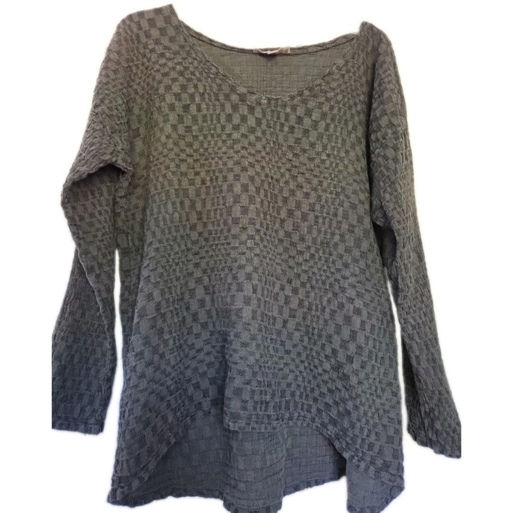 FLAX Women's Black Check Textured Knit Scoop Neck Long Sleeve Medium